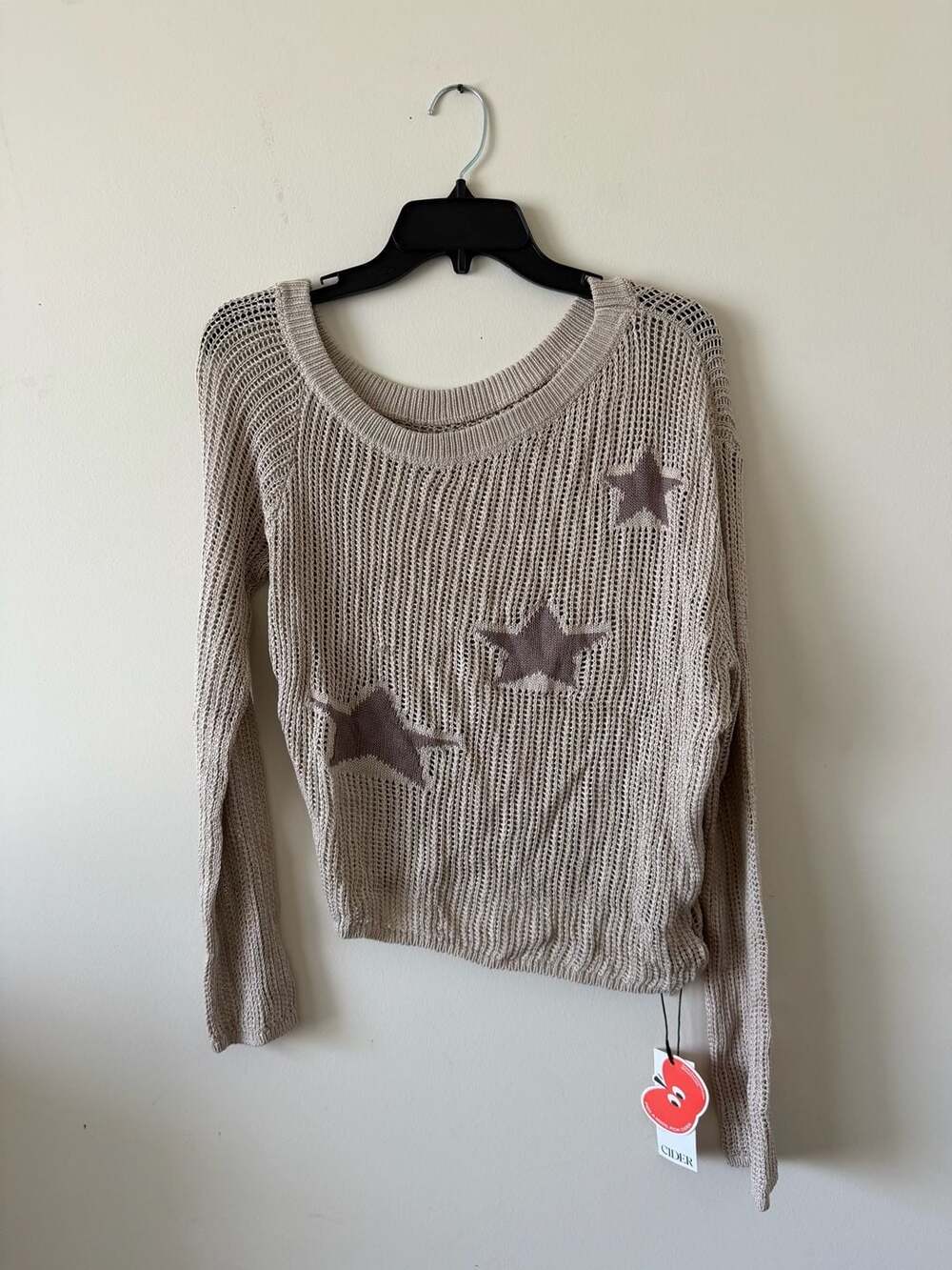 Cider Asymmetrical Neck Star Knitted Long Sleeve Top Khaki XL